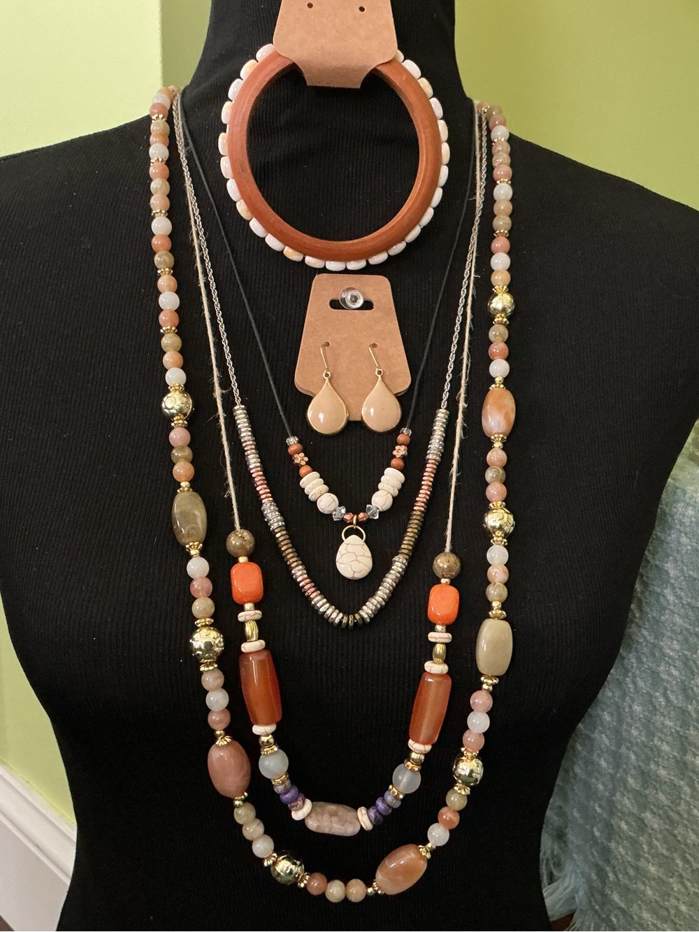 6-Piece Beaded Set 4 Necklaces (1 is FOSSIL), with Vintage Earrings & Bracelet